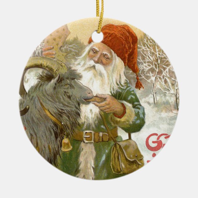 Jultomten Feeds Yule Goat a Cookie Ceramic Tree Decoration (Front)