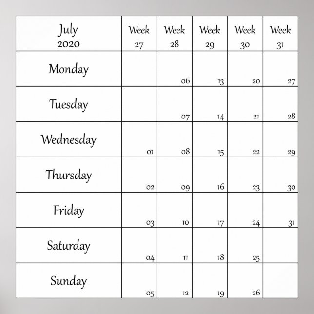 july 2020 planner calendar with week number poster (Front)