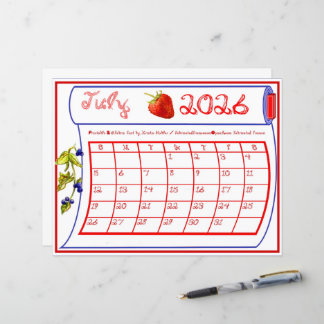 July 2026 Calendar Red Blue Berry Fabric Font Bolt
