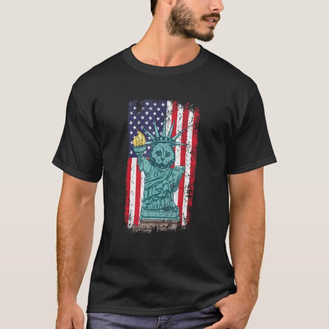 July 4 Cat Statue Of Liberty American Flag Meowica T-Shirt (Front)