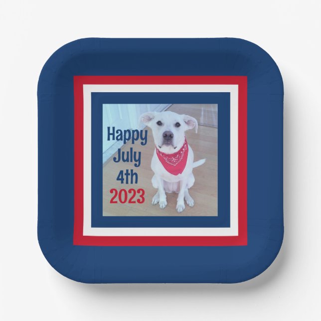 July 4 Red White Blue Striped Photo of Cute Dog Paper Plate (Front)