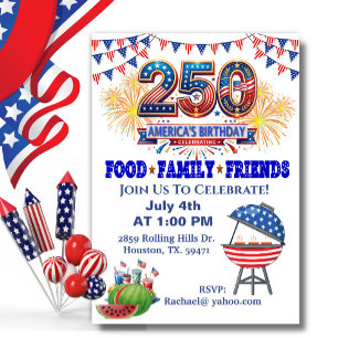 July 4th America's 250th Birthday BBQ Patriotic  Invitation