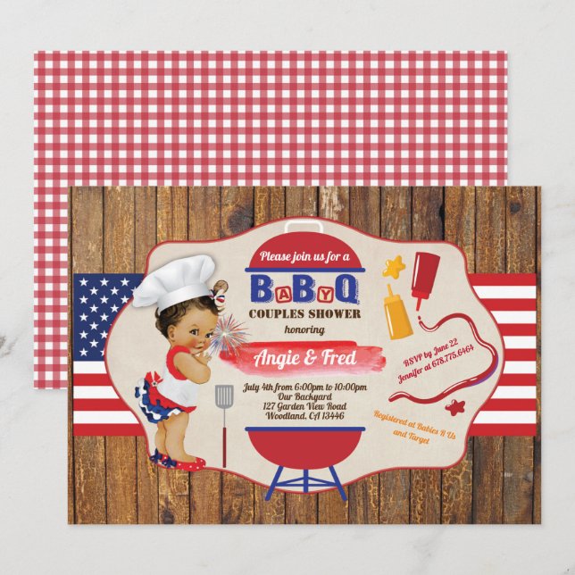 July 4th BBQ baby girl shower red white blue Invitation (Front/Back)