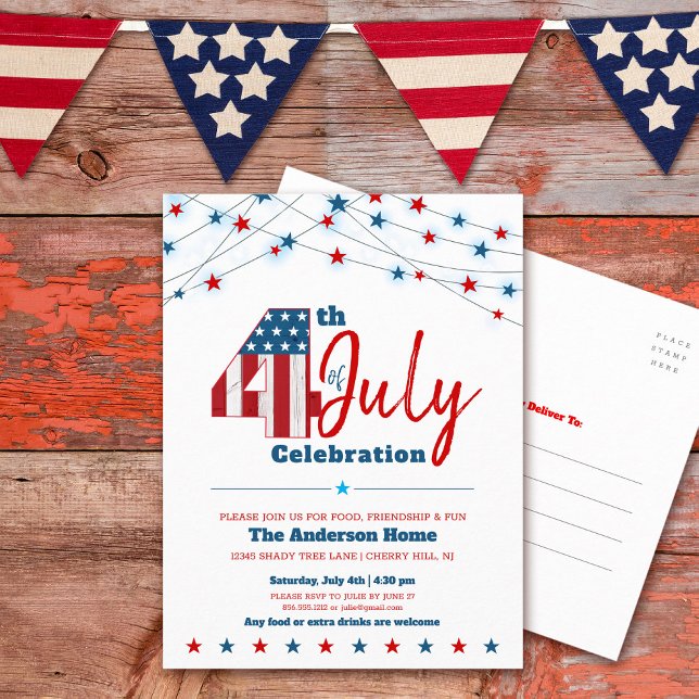 July 4th BBQ Modern Stars Stripes Red White Blue Invitation Postcard (Creator Uploaded)