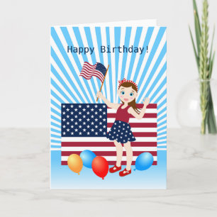 July 4th Birthday Girl with USA flag Card