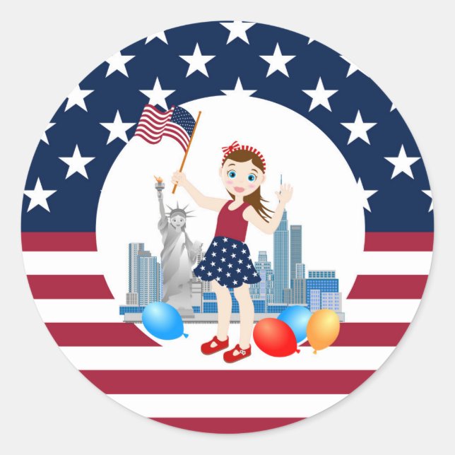 July 4th Birthday Girl with USA flag Classic Round Sticker (Front)