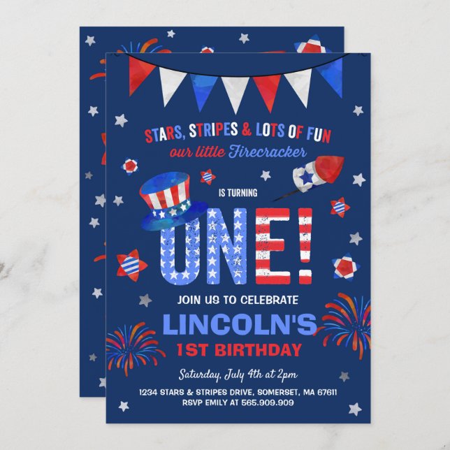July 4th Birthday Invitation Fourth of July Party (Front/Back)