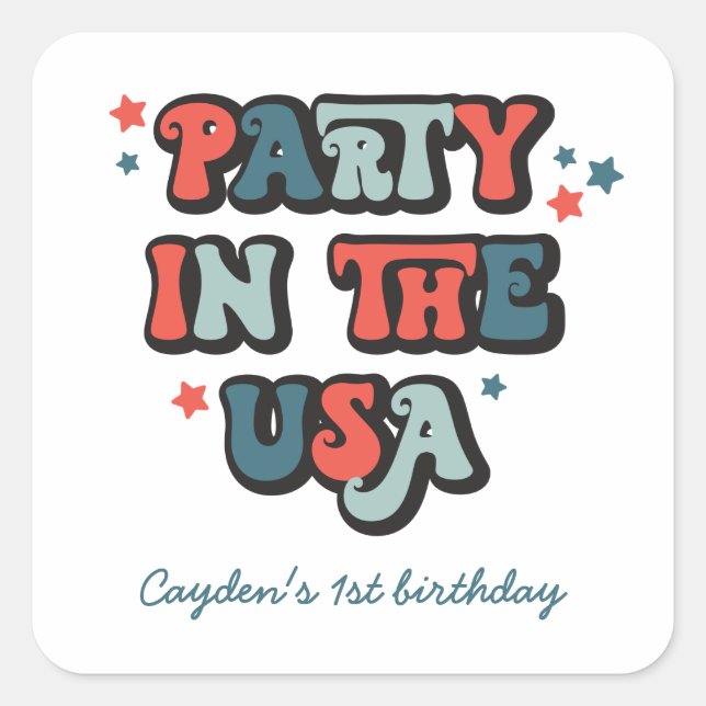 July 4th Birthday Party in the USA Invitation Napk Square Sticker (Front)