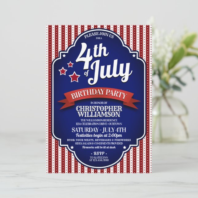 July 4th Birthday Party  Invitations (Standing Front)