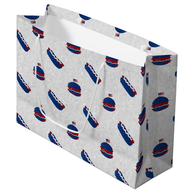July 4th Burger & Hot Dog Glitter Large Gift Bag (Front Angled)