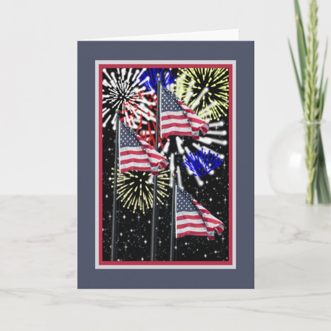 July 4th Card with Flags and Fireworks (Front)