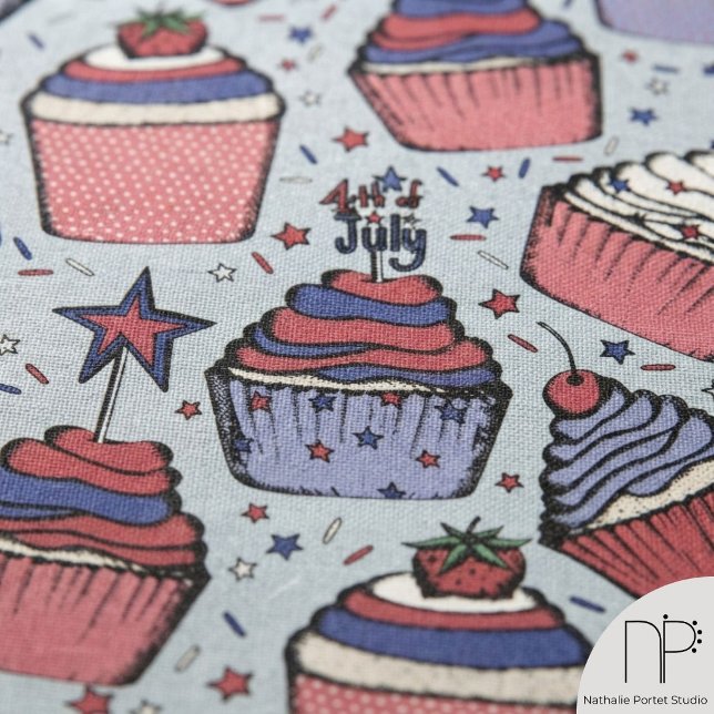  July 4th Cupcake Linen  Fabric (This July 4th Cupcake Linen features fine-line pen-and-ink sweet treats designed for festive holiday)