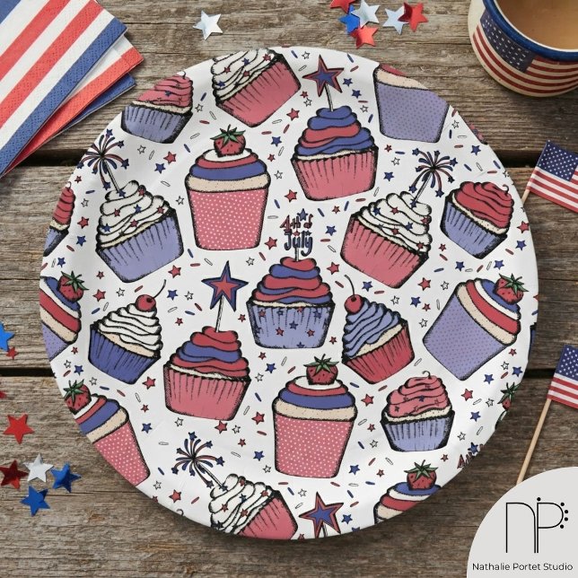 July 4th Cupcake Paper Plate  (July 4th Cupcake Paper Plate features hand-drawn patriotic cupcakes, strawberries, cherries)