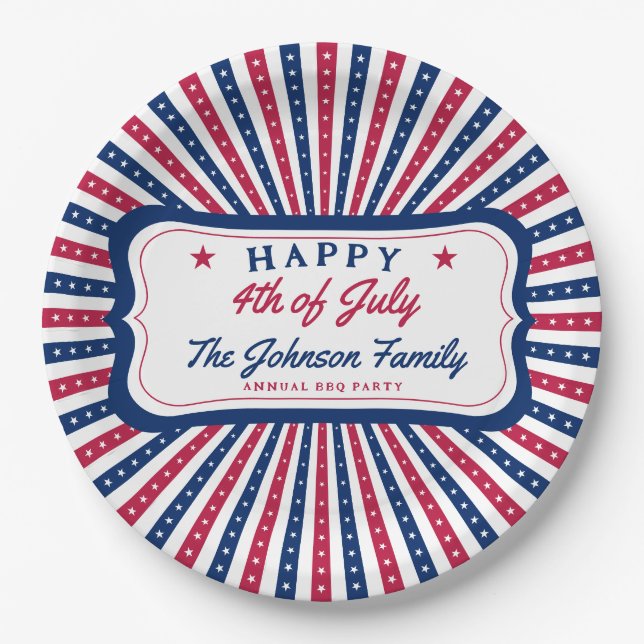 July 4th Custom American Family Summer BBQ Party Paper Plate (Front)