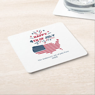 July 4th Fireworks USA Red White Blue Flag  Square Paper Coaster