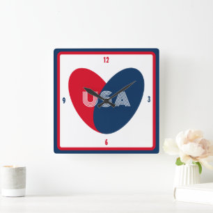 July 4th Love the USA Patriotic Red White Blue Square Wall Clock