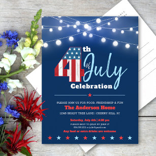 July 4th Modern BBQ Stars Stripes Red White Blue Invitation Postcard