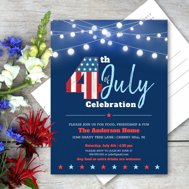 July 4th Modern BBQ Stars Stripes Red White Blue Invitation Postcard (Creator Uploaded)