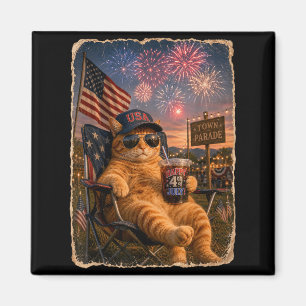 July 4th Patriotic Cat Drinking Iced Coffee 250 Magnet