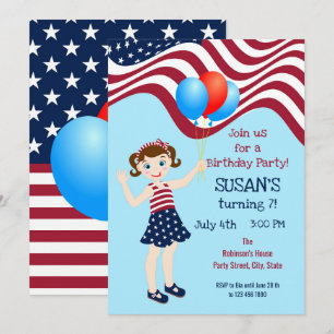 July 4th Patriotic Gir Birthday Party   Invitation