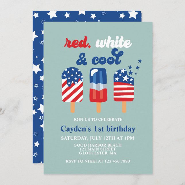 July 4th Red White Blue Birthday Invitation (Front/Back)