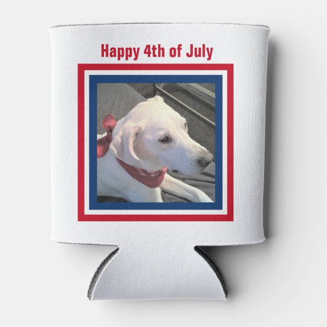 July 4th Red White Blue Cute Dog Wearing Scarf Can Cooler (Front)