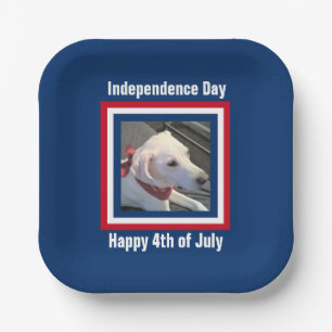 July 4th Red, White, Blue Cute Dog Wearing Scarf Paper Plate