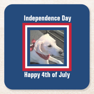 July 4th Red, White, Blue Cute Dog Wearing Scarf Square Paper Coaster