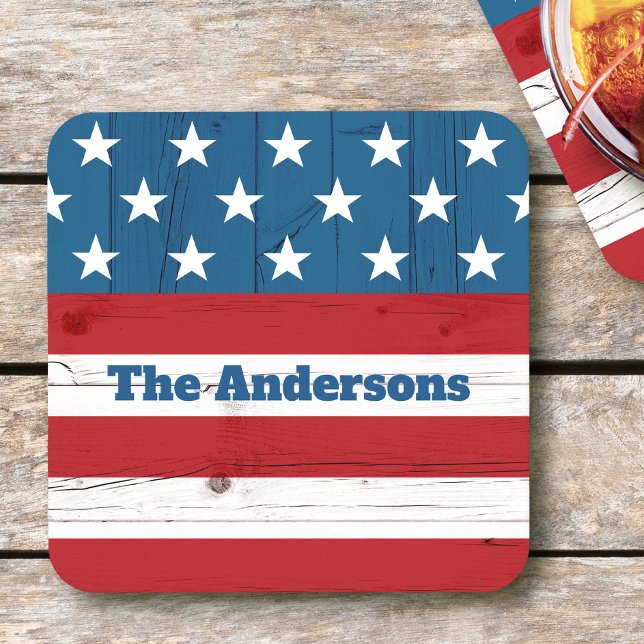 July 4th Rustic Wood American Flag Patriotic Name Square Paper Coaster (Creator Uploaded)