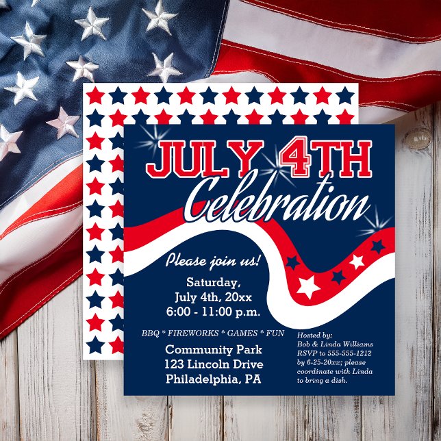 July 4th Stars Celebration Wave Fireworks  Invitation (Red, White and Blue July 4th Stars Celebration Wave Fireworks Invitation)