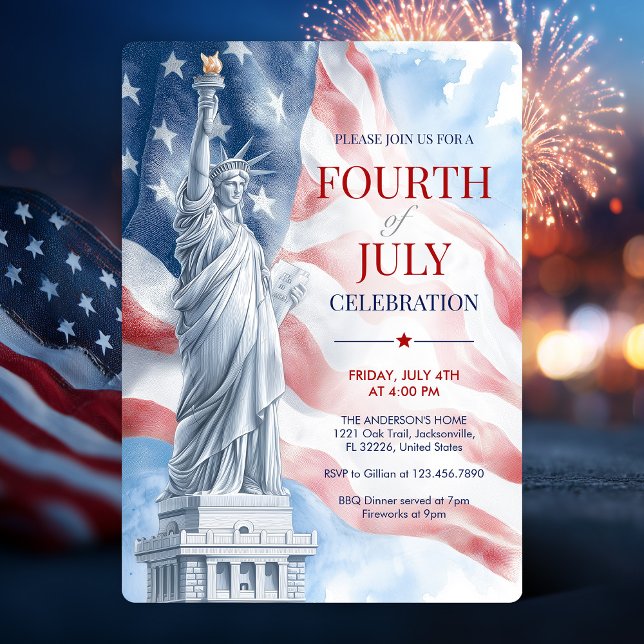 July 4th Statue of Liberty & USA Flag Illustration Invitation (July 4th Statue of Liberty & USA Flag Illustration Invitation)