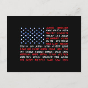 July 4th USA American Flag All 50 State Names Holiday Postcard