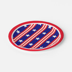 July 4th White Stars and Red and White Stripes Paper Plate