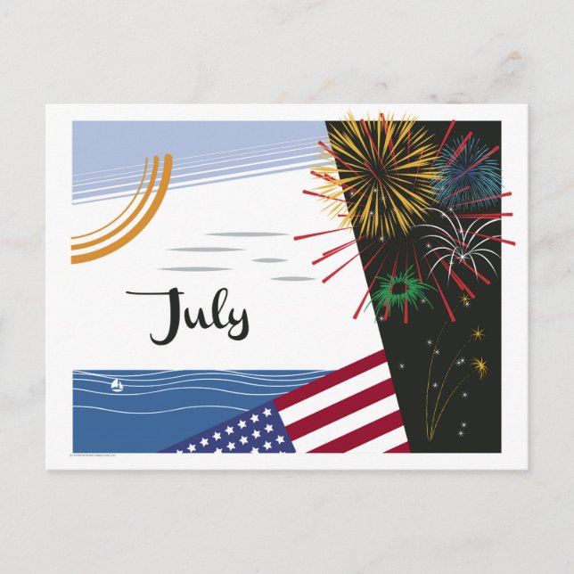 July Art Deco Beach Scene with Flag and Fireworks Postcard (Front)