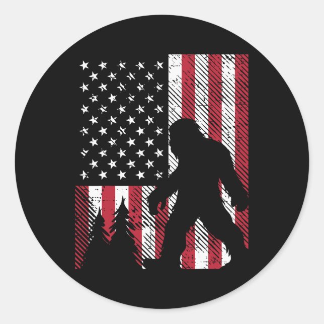 July Bigfoot Sasquatch Us Flag Patriotic Men Women Classic Round Sticker (Front)