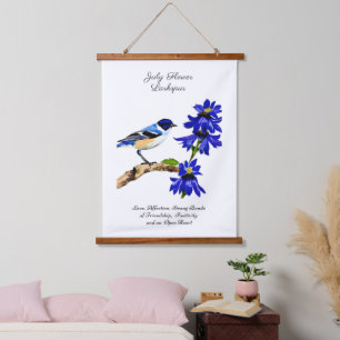 July Birth Month Flower Bluebird and Larkspur    Hanging Tapestry