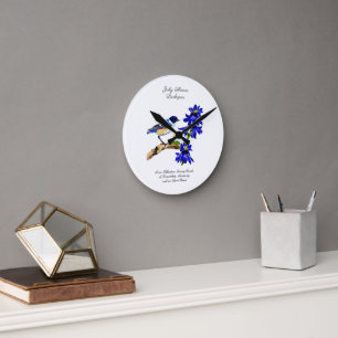 July Birth Month Flower Bluebird and Larkspur    Round Clock