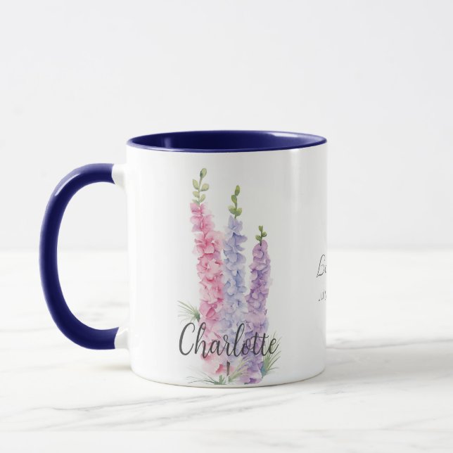 July Birthday Birth Flower Watercolor Larkspur Mug (Left)