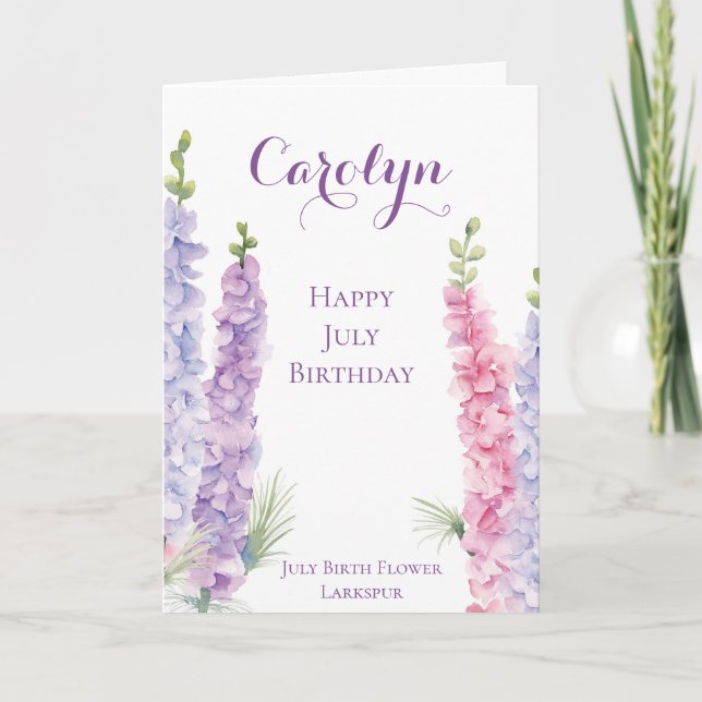 July Birthday Birth Month Flower Larkspur Card (Front)