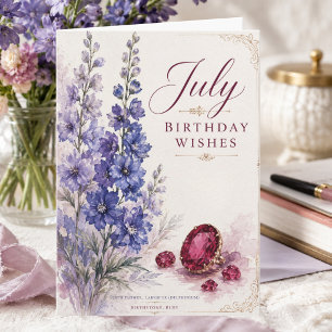 July Birthday Card Elegant Ruby Larkspur Floral