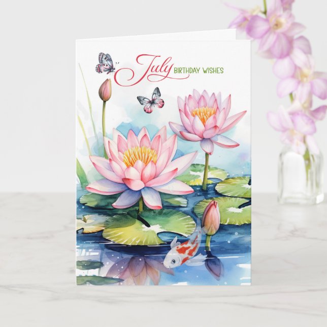 July Birthday Pink Waterlilies and Koi Fish Card (Orchid)