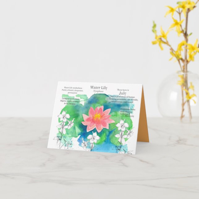 July Birthday Water Lily Larkspur Birth Flower  Card (Yellow Flower)
