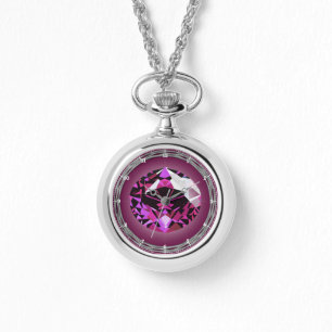 July Birthstone Round Necklace, Silver Plated Watch