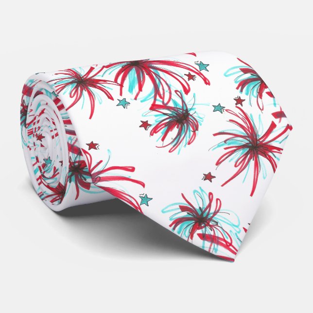 July Fourth 4th USA Red White Blue Fireworks Burst Tie (Rolled)