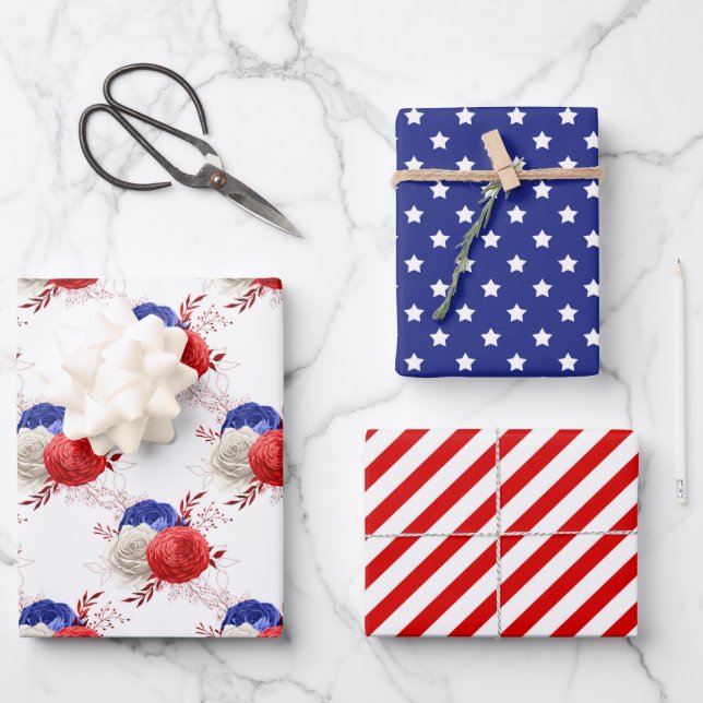 July Fourth Stars Stripes Floral Red White Blue Wrapping Paper Sheet (Front)