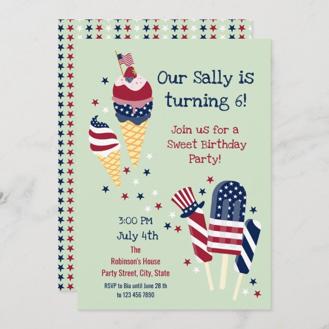 July fourth Sweet Birthday Girl Party  Invitation (Front/Back)