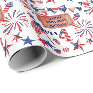 July Happy Birthday Add NAME Patriotic Gift Wrapping Paper