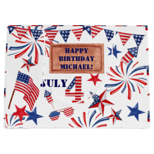 July Happy Birthday Add NAME Patriotic Star Large Gift Bag