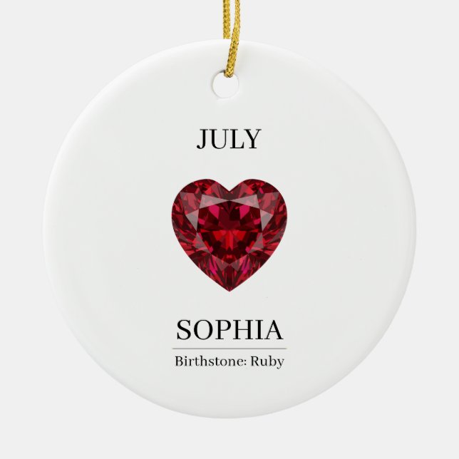 July Ruby Personalised Birthday Ceramic Tree Decoration (Front)