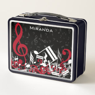 Jumbled Music Notes Red Gray and White on Black Metal Lunch Box